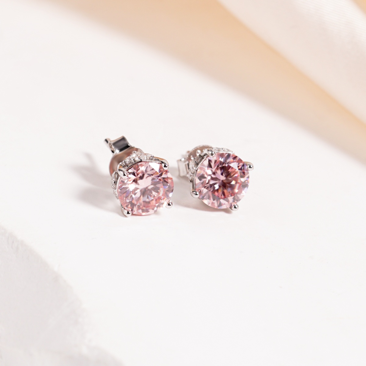【Celestial Rose Trio】Pink Four-Prong Stud Earrings Necklace Ring Band Set Pink Synthetic Moissanite Set Copper Jewelry Set