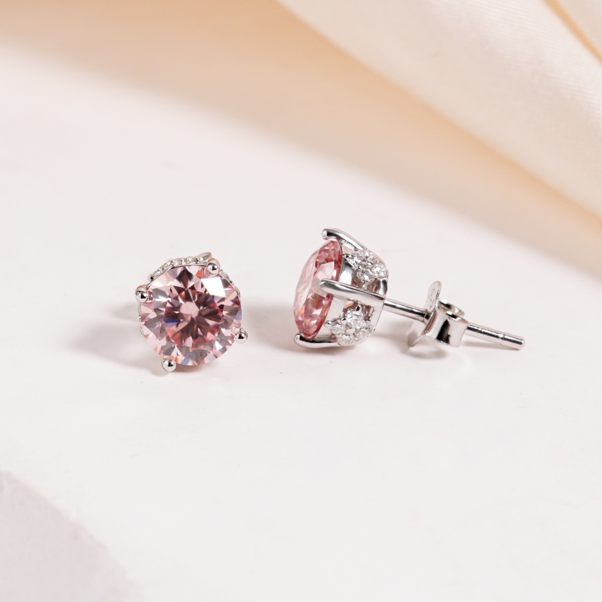 【Celestial Rose Trio】Pink Four-Prong Stud Earrings Necklace Ring Band Set Pink Synthetic Moissanite Set Copper Jewelry Set