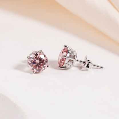 【Celestial Rose Trio】Pink Four-Prong Stud Earrings Necklace Ring Band Set Pink Synthetic Moissanite Set Copper Jewelry Set