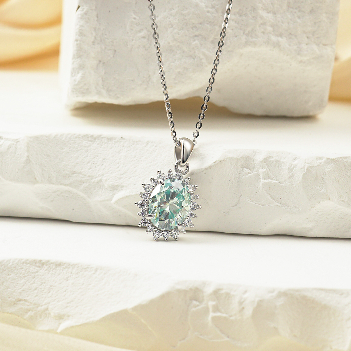 Oval Synthetic Moissanite Sunflower Pendant Necklace Chain S925
