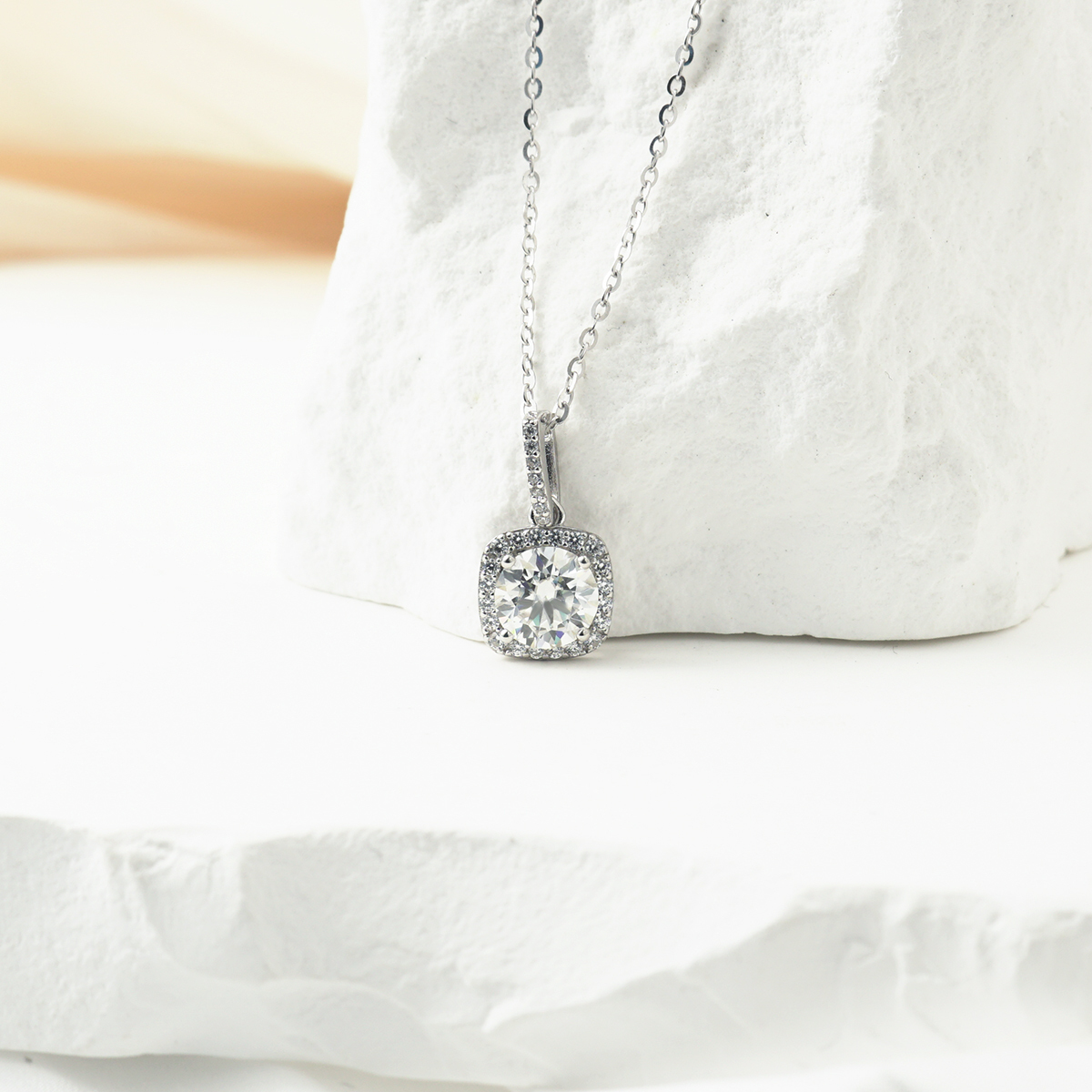 1ct Round Synthetic Moissanite Square Halo Pendant Necklace S925