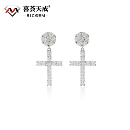 S925 Round VVS Synthetic Moissanite Hip Hop Studded Cross Dangle Earrings Mother's Day Gift For Men Women