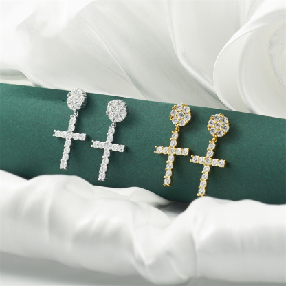 S925 Round VVS Synthetic Moissanite Hip Hop Studded Cross Dangle Earrings Mother's Day Gift For Men Women