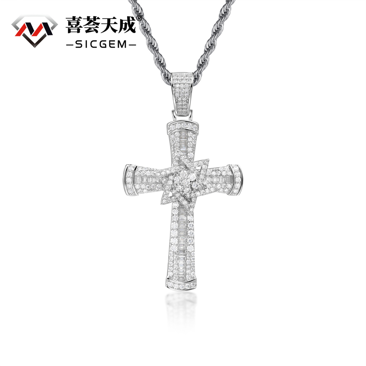 S925 3ct VVS Synthetic Moissanite Exquisite Cross Rotatable Pentagram Pendant Necklace Birthday Anniversary Gift