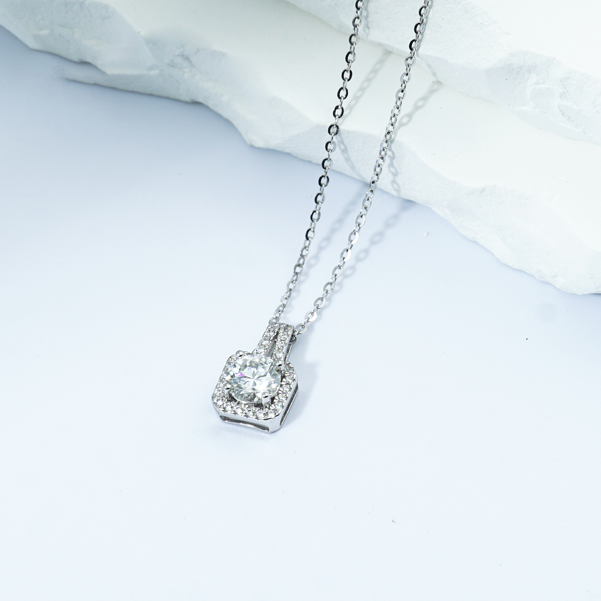S925 SYNTHETIC MOISSANITE SQUARE HALO ETERNITY NECKLACE PENDANT