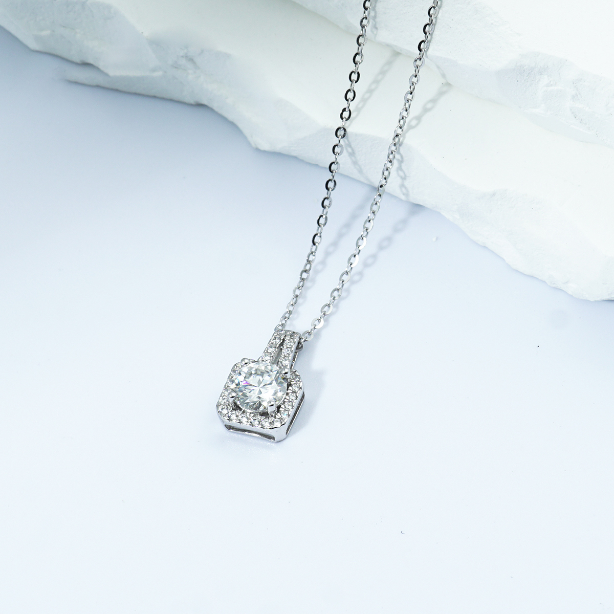 S925 SYNTHETIC MOISSANITE SQUARE HALO ETERNITY NECKLACE PENDANT