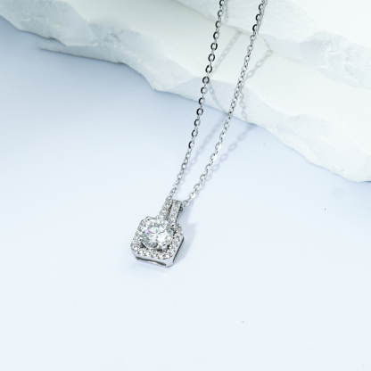 S925 SYNTHETIC MOISSANITE SQUARE HALO ETERNITY NECKLACE PENDANT