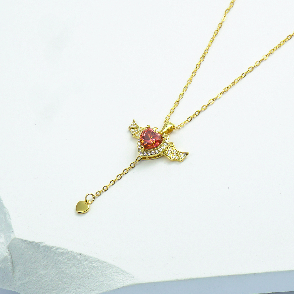 S925 HEART SYNTHETIC MOISSANITE FLYING BAT WING PENDANT NECKLACE