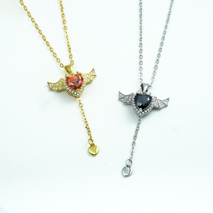 S925 HEART SYNTHETIC MOISSANITE FLYING BAT WING PENDANT NECKLACE
