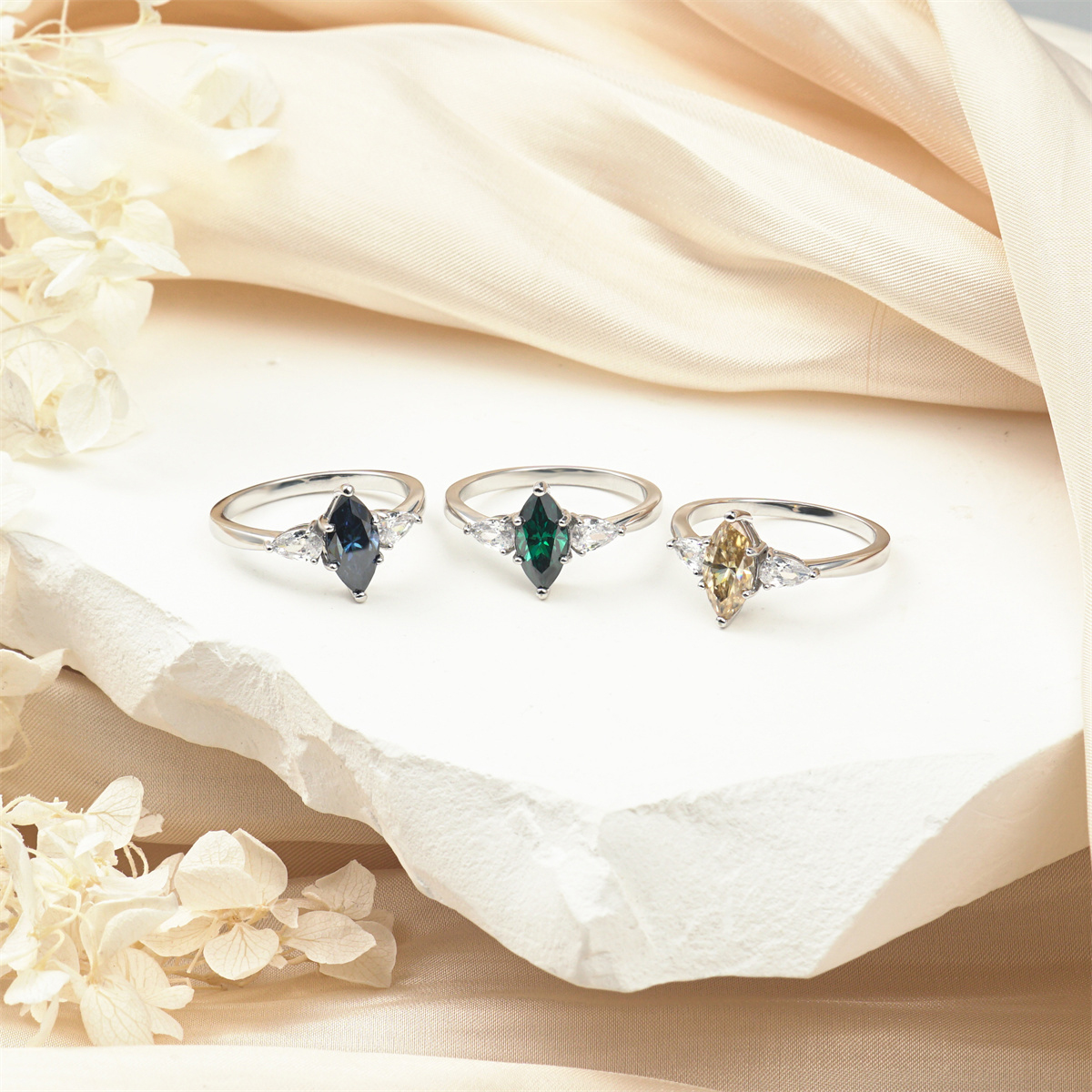 1ct Marquise Synthetic Moissanite Three Stones Ring In 925 Sterling Silver