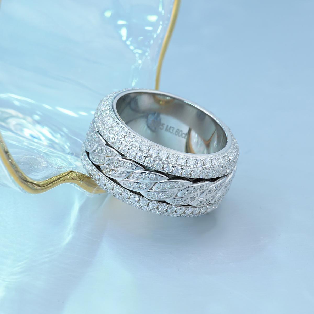 S925 Round VVS Synthetic Moissanite Rotatable Layered Iced Cuban Ring