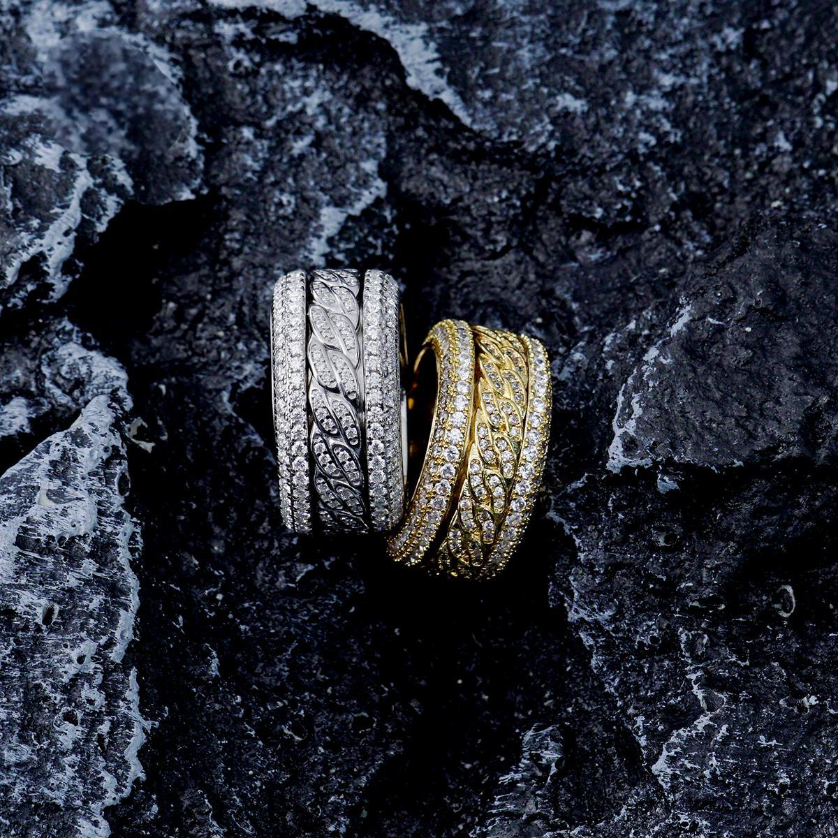 S925 Round VVS Synthetic Moissanite Rotatable Layered Iced Cuban Ring