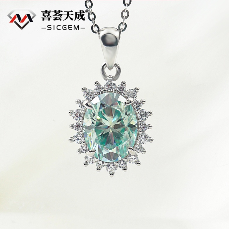 Oval Synthetic Moissanite Sunflower Pendant Necklace Chain S925