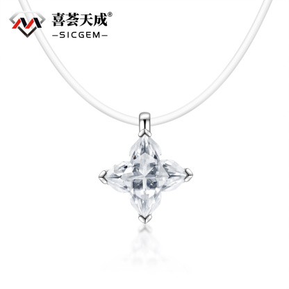 Delzzad S925 Sterling Silver 1ct Exquisite Leaf Clover Fishing Line Pendant Necklace Lab-Created Moissanite Necklace