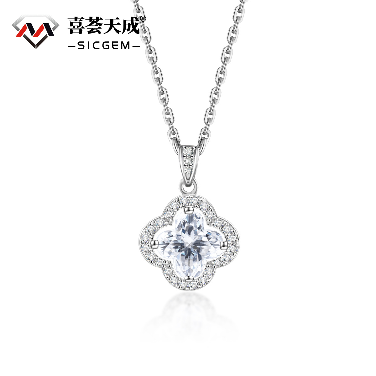 Delzzad S925 Sterling Silver 1.1ct Bling Luxury Four-Leaf Clover Pendant Necklace Lab-Created Moissanite Necklace