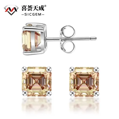 S925 Asscher Cut Synthetic Moissanite Prong Stud Earrings For Men Women