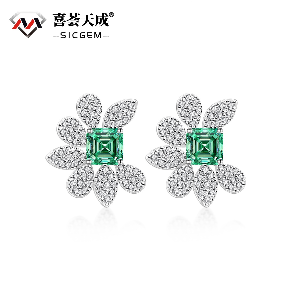 Asscher Synthetic Moissanite Flower Stud Earrings S925