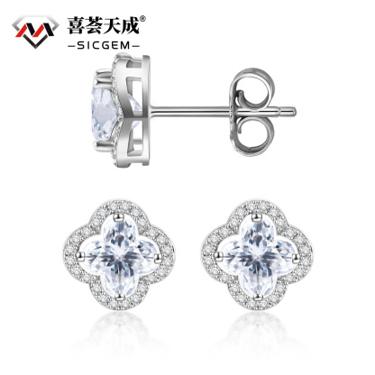Delzzad S925 Sparkling Iced-Out Clover Earrings Lab-Created Moissanite Stud Earring terling