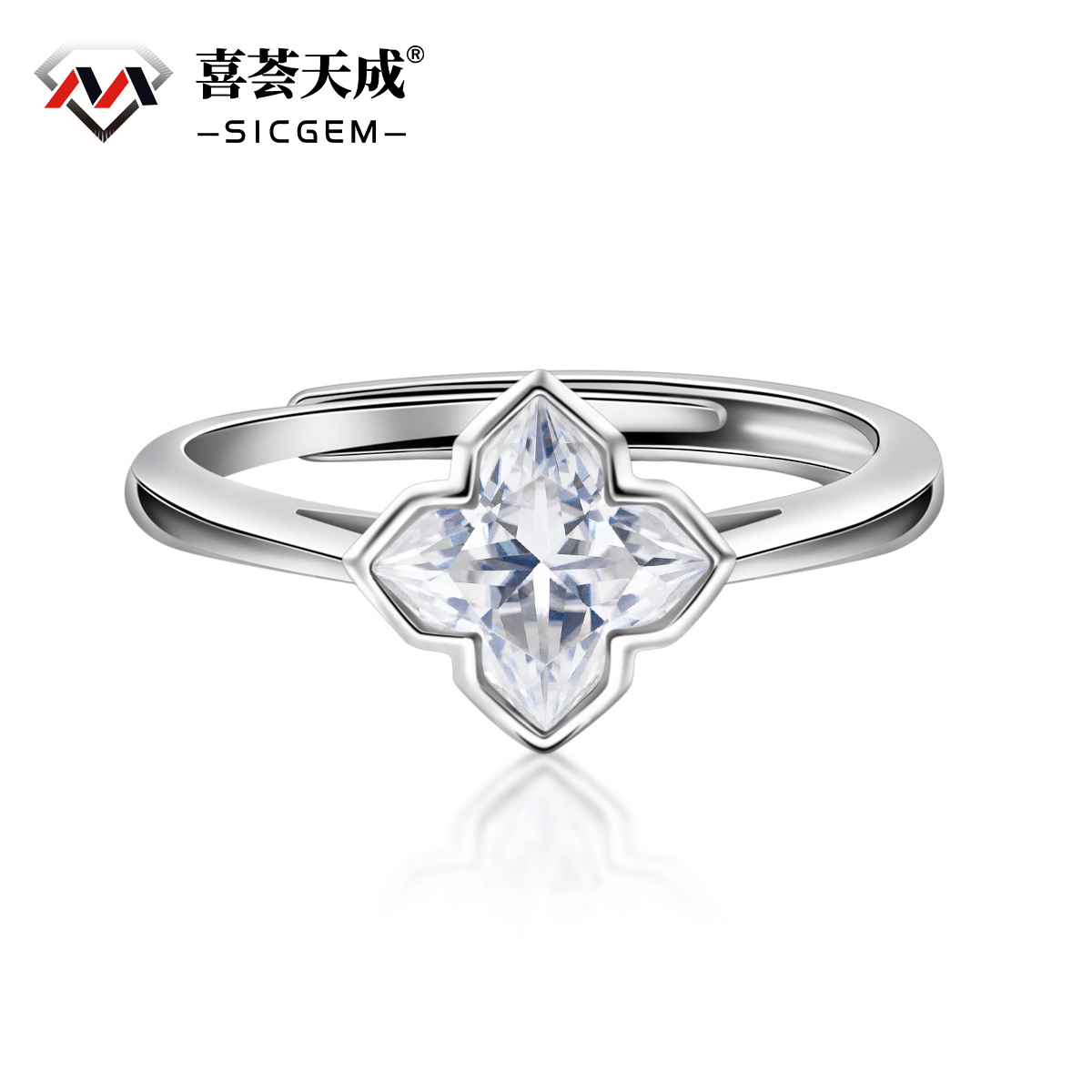 Delzzad S925 1ct Exquisite Adjustable Clover Ring D Color VVS Synthetic Moissanite Blossom Ring