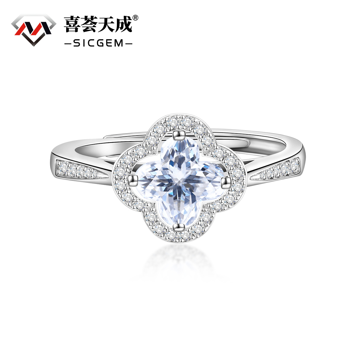 Delzzad S925 Sterling Silver Sparkling Adjustable Four-Leaf Clover Cluster Ring Lab-Created Moissanite Engagement Ring