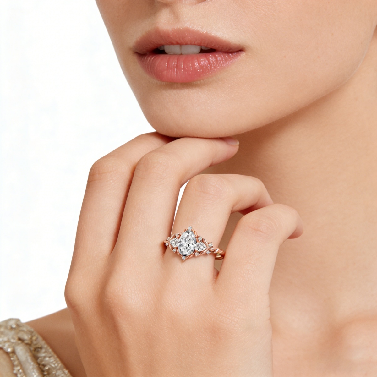 1.7ct Natural Oval Ring Twist Band Brilliant Rose Golden Engagement Wedding Ring Band D Color VVS Synthetic Moissanite Ring