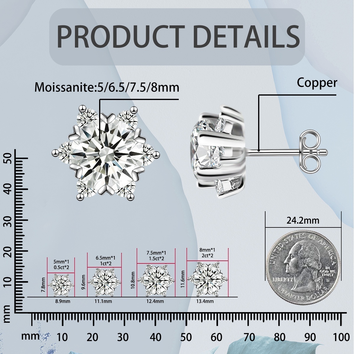 Delzzad 0.5-2ct Snowflake Stud Earrings Synthetic Moissanite Copper Studs Earrings Jewelry Ideal Gift for Any Occasion Birthday Christmas Gifts Wedding Engagement Anniversary Party Gift