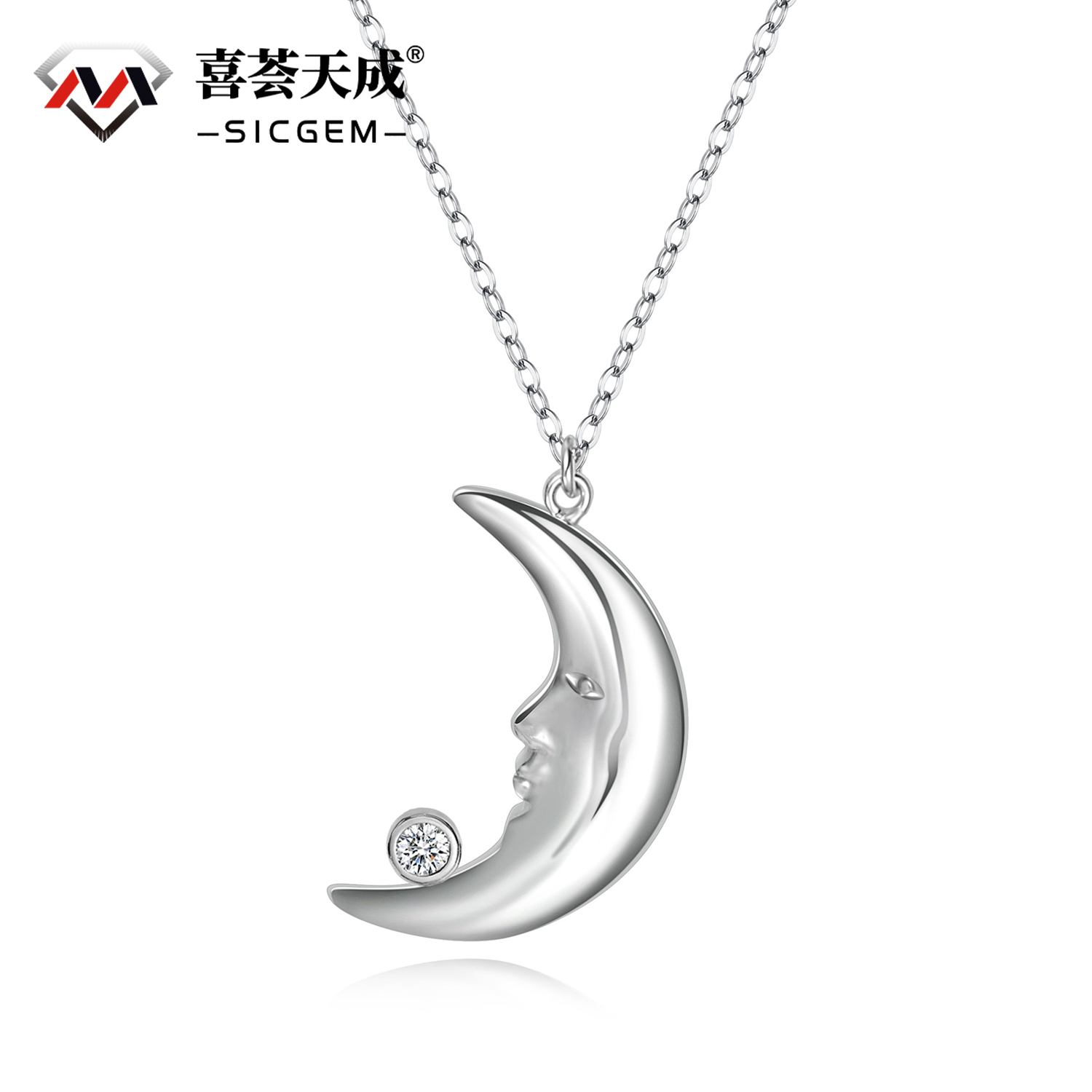 0.1ct VVS Synthetic Moissanite Moon Pendant Necklace Titanium Steel
