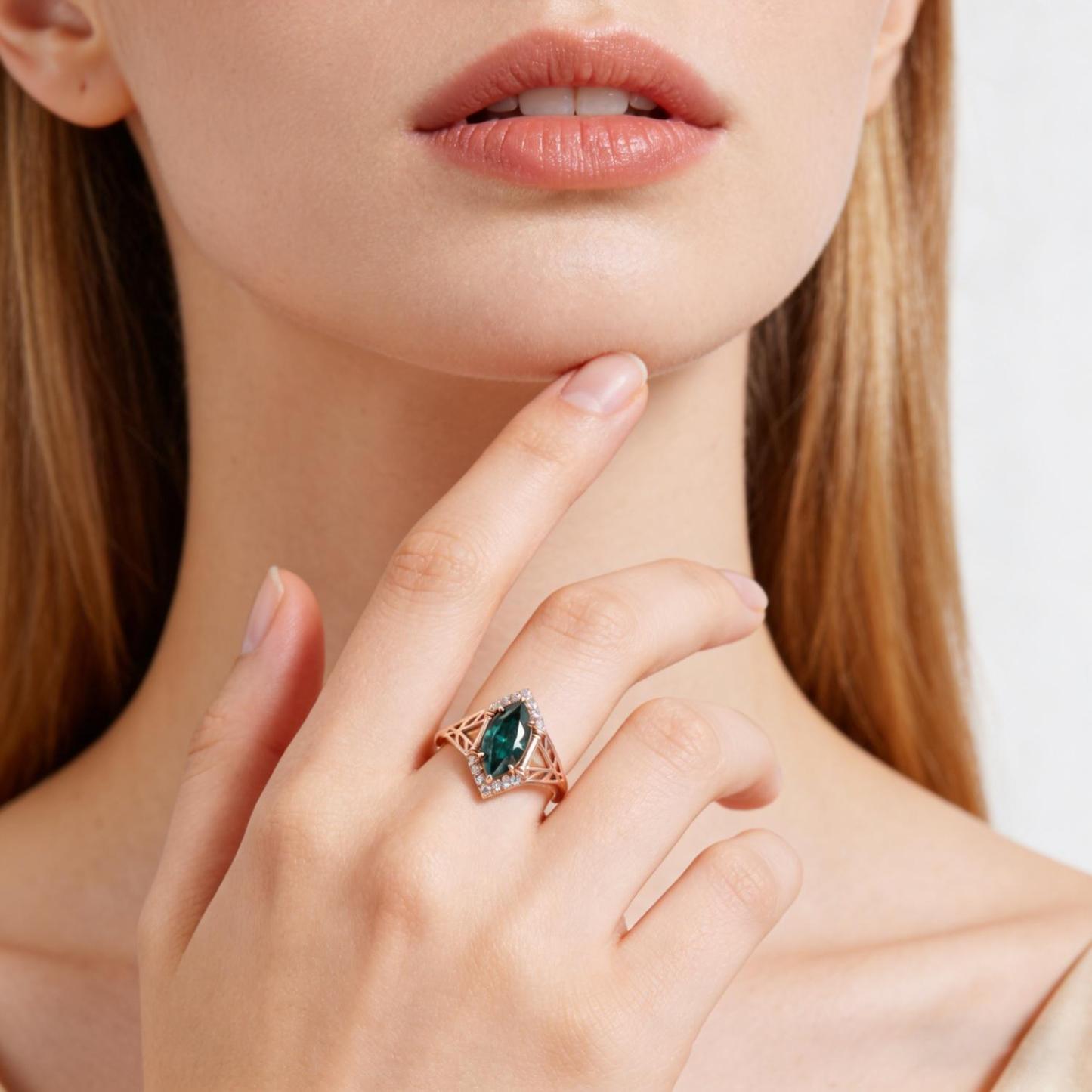 Delzzad 2ct Sparkle Halo Ring Marquise Cut Engagement Ring Synthetic Moissanite Ring Jewelry S925 Green Bliss Ring Perfect Birthday Engagement Wedding Anniversary Christmas Gift