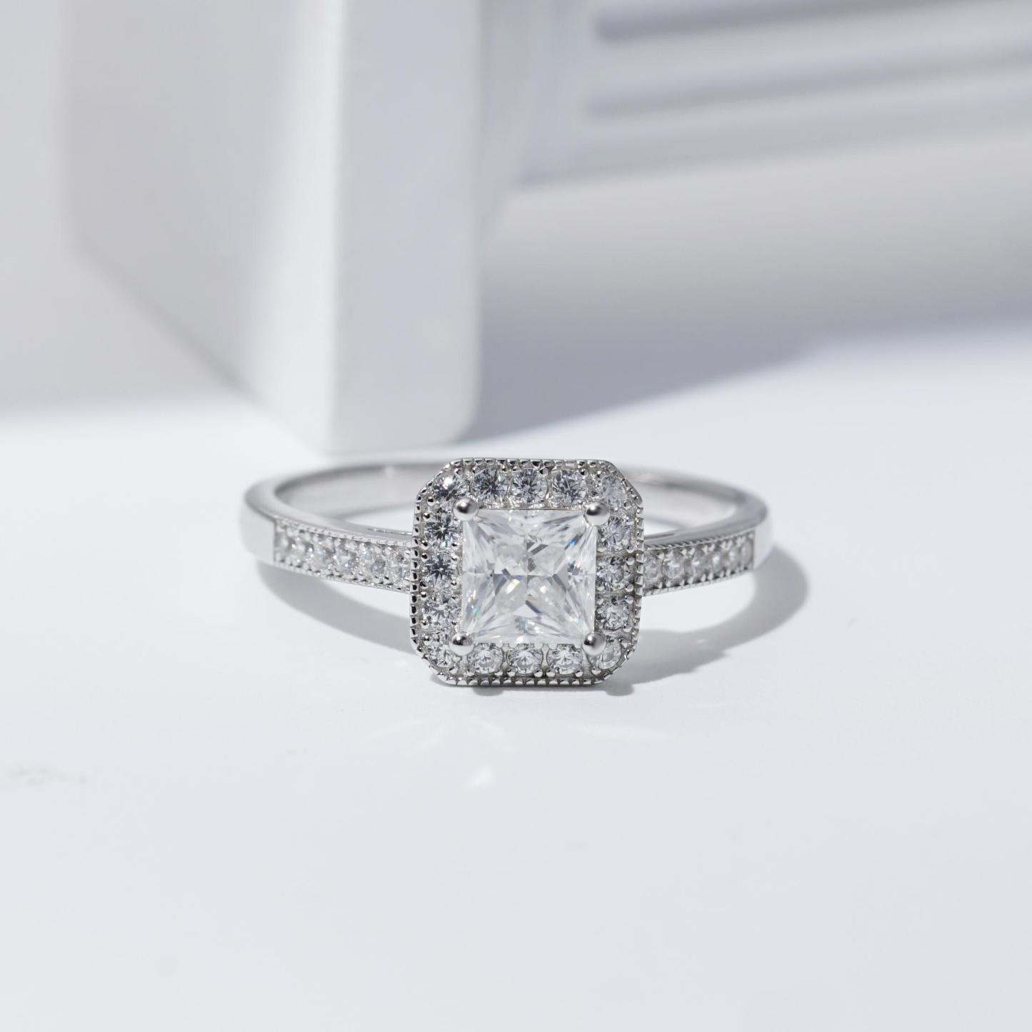 1ct Princess Synthetic Moissanite Halo Ring S925 Ring Band Jewelry Perfect Birthday Engagement Wedding Anniversary Gift