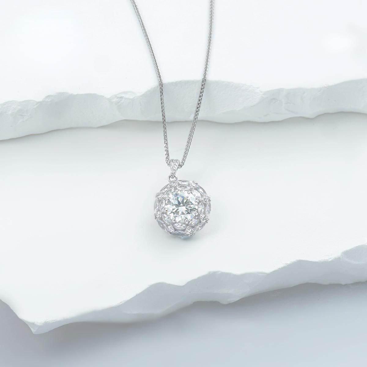 Delzzad S925 Round Synthetic Moissanite Bling Clustered Halo Pendant Necklace