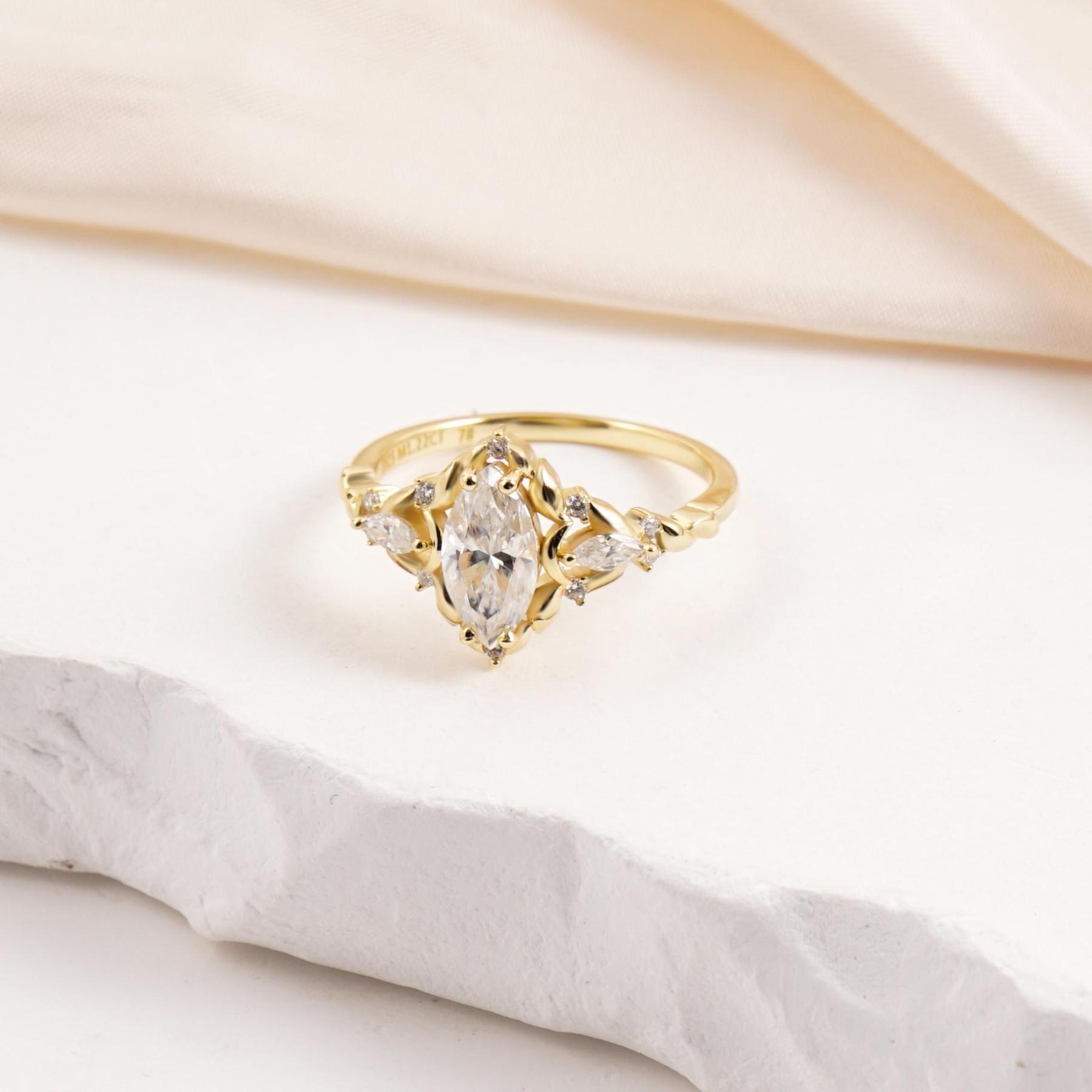 Delzzad Vintage Marquise Cut Engagement Ring Synthetic Moissanite Ring Jewelry S925 Perfect Birthday Engagement Wedding Anniversary Christmas Gift