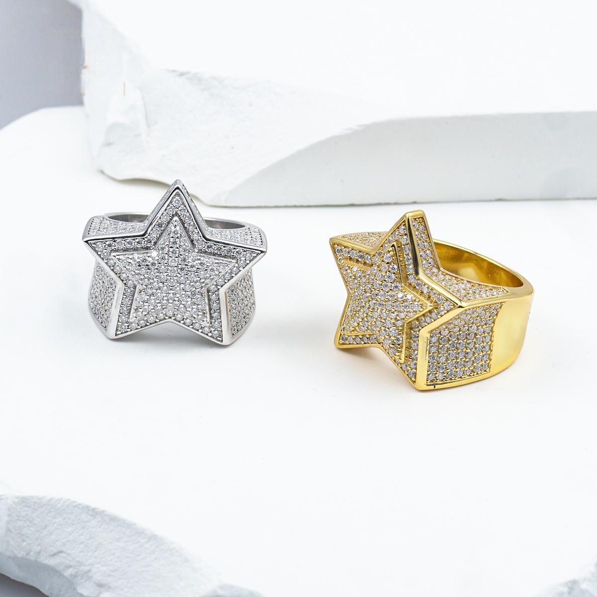 Bling Pentagram Ring Round VVS Synthetic Moissanite S925 Unisex Hip Hop Iced Out Stars Ring Band Perfect for Any Occasion & Everyday Wear Birthday Anniversary Mother's Day Gifts for Men Women