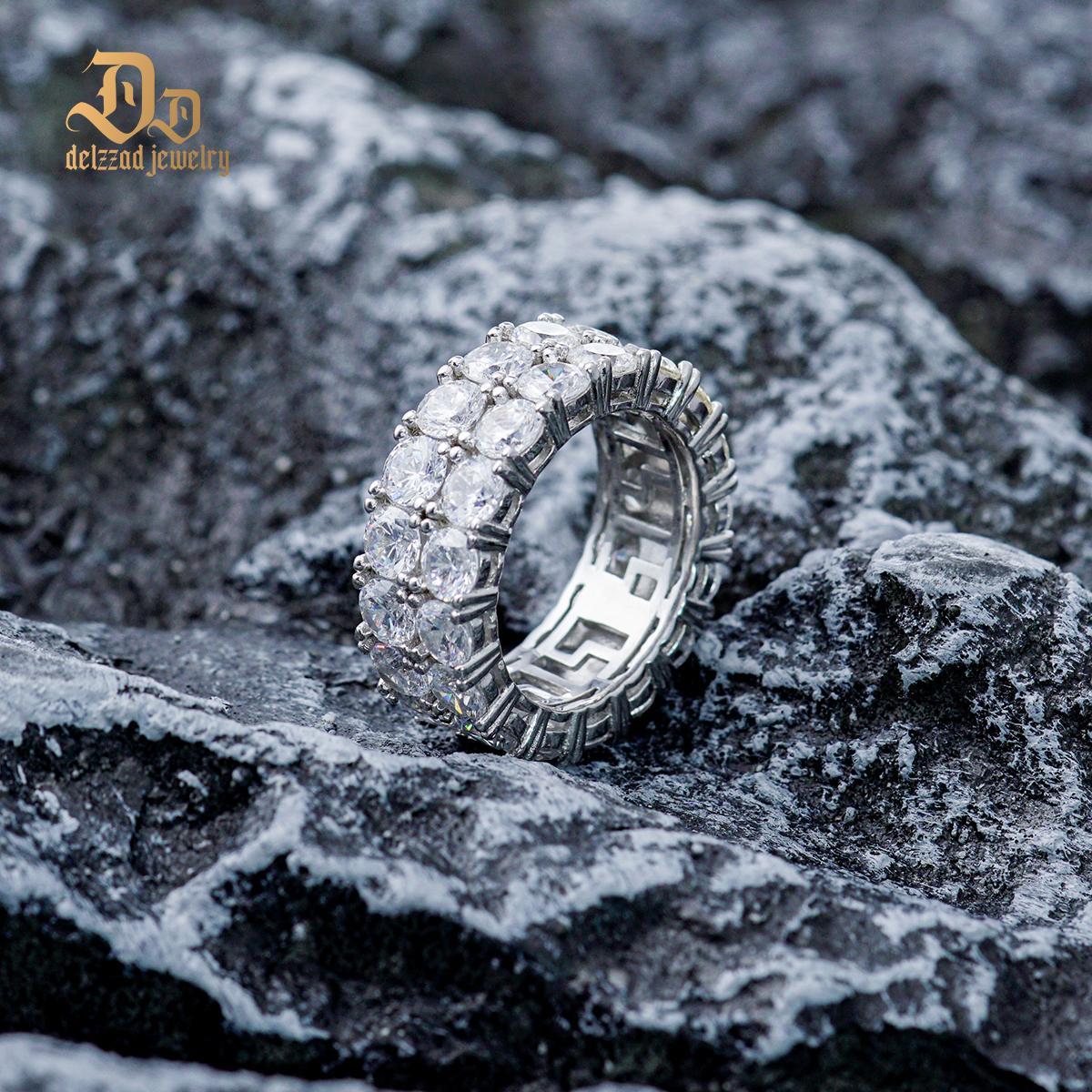 Delzzad S925 Round VVS Synthetic Moissanite Double Row Eternity Hip Hop Ring Sweetie St Valentine's Day Gifts for Men Women
