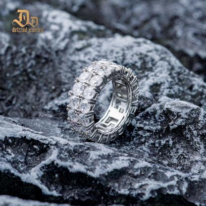 Delzzad S925 Round VVS Synthetic Moissanite Double Row Eternity Hip Hop Ring Sweetie St Valentine's Day Gifts for Men Women