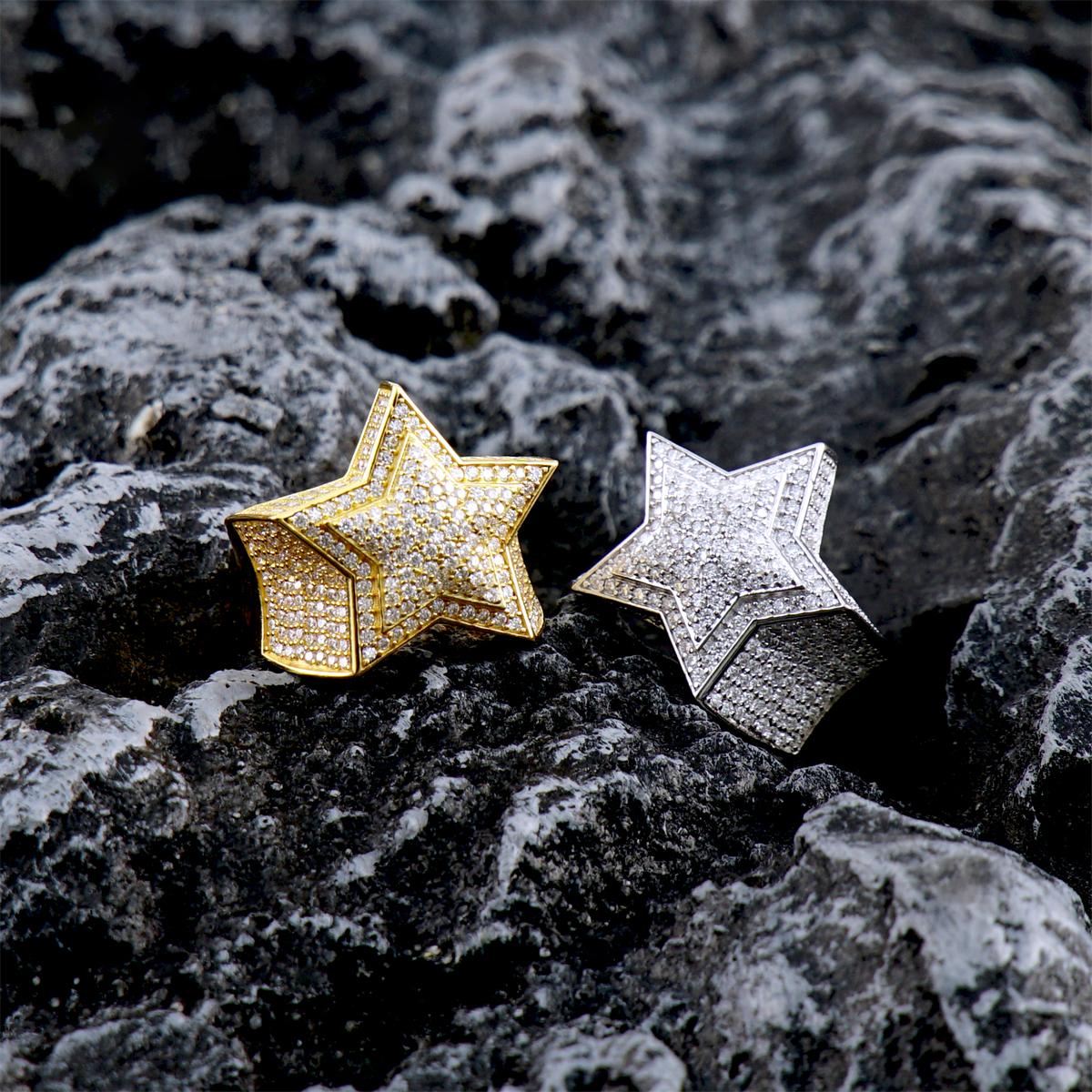 Bling Pentagram Ring Round VVS Synthetic Moissanite S925 Unisex Hip Hop Iced Out Stars Ring Band Perfect for Any Occasion & Everyday Wear Birthday Anniversary Mother's Day Gifts for Men Women