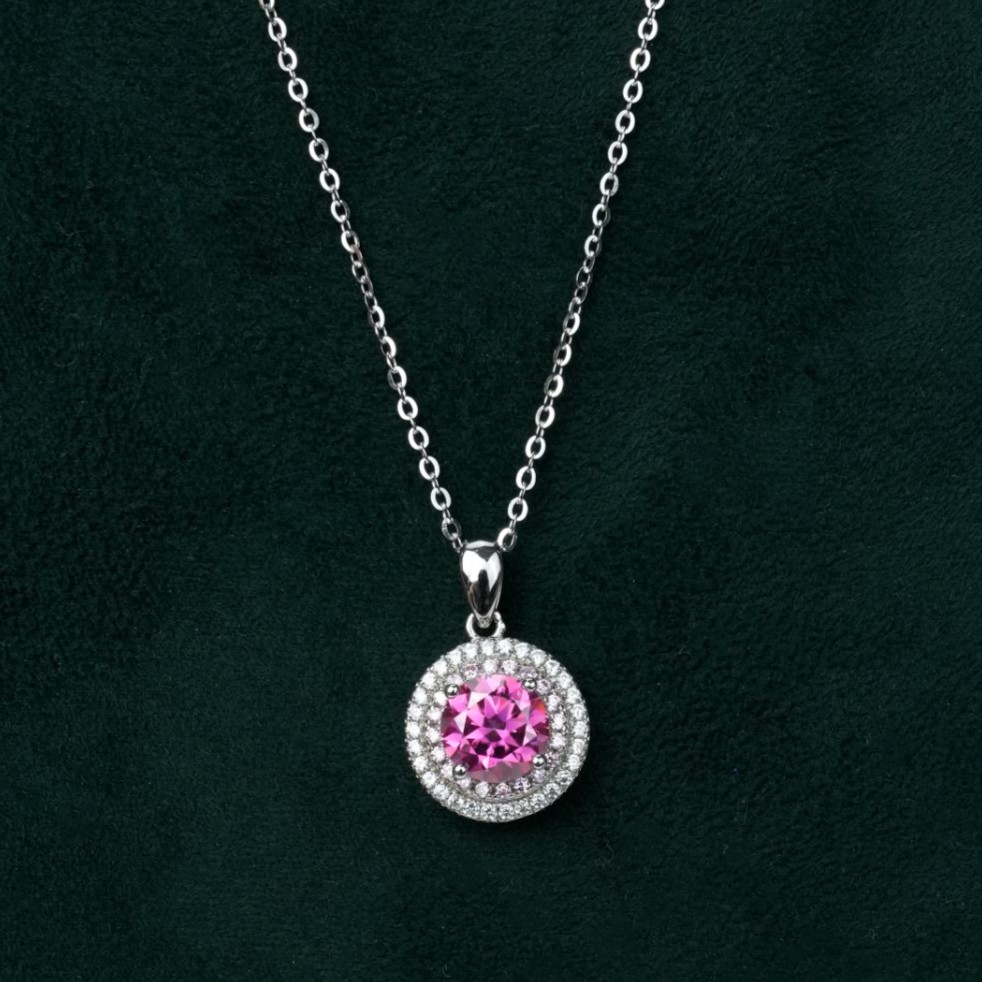 1ct Round Synthetic Moissanite Double Halo Necklace S925