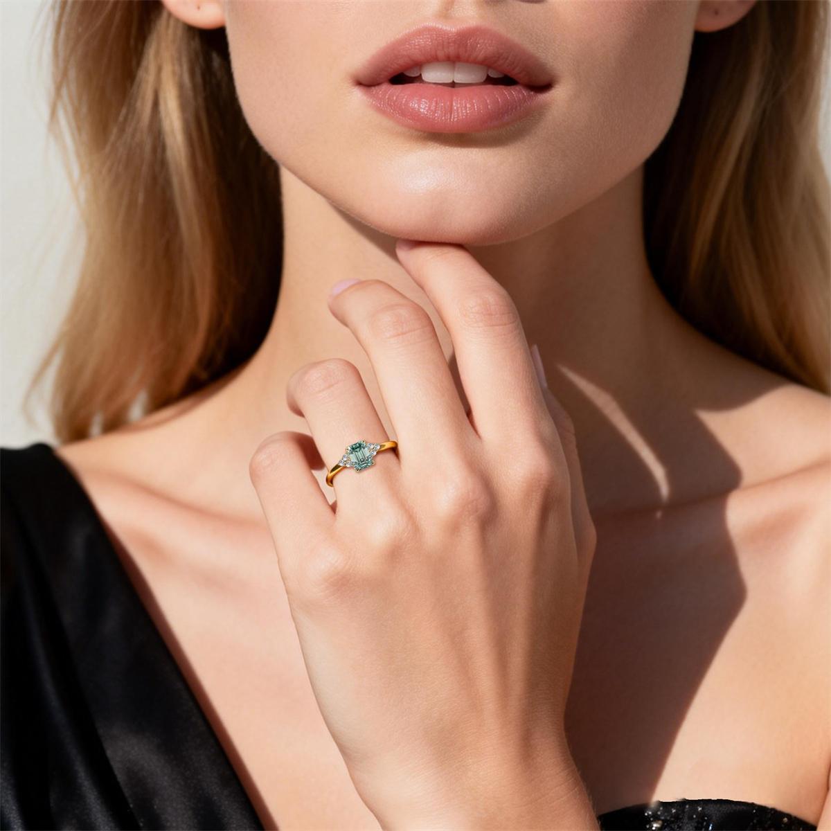 2.2ct Aurora Green Dream Ring Engagement Ring Band Step Cut Synthetic Moissanite Ring Jewelry S925