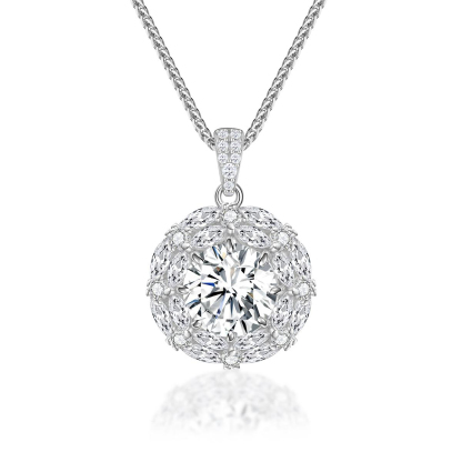 Delzzad S925 Round Synthetic Moissanite Bling Clustered Halo Pendant Necklace