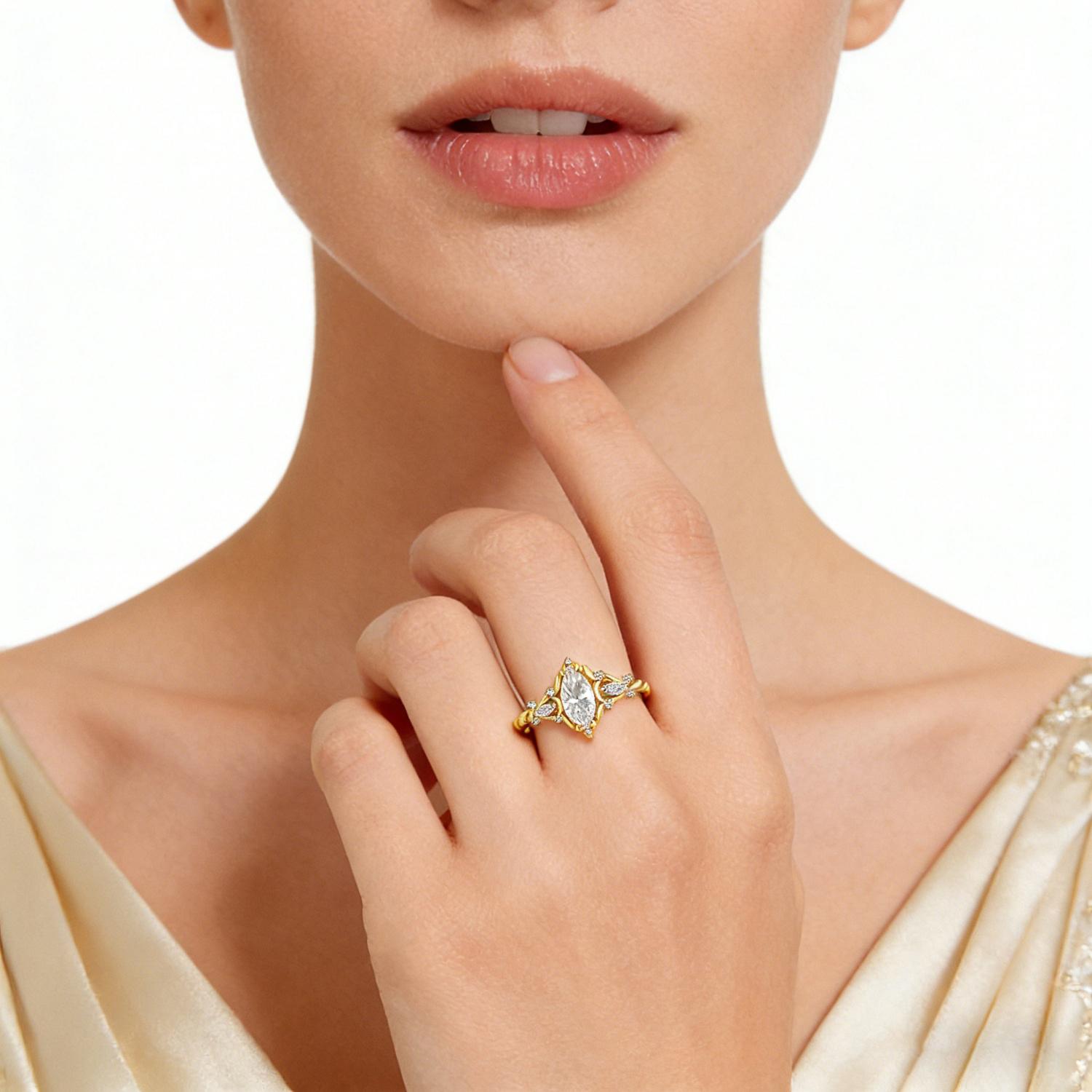 14k Gold-Plated 1ct Vintage Marquise Cut Engagement Ring Synthetic Moissanite Ring Jewelry S925