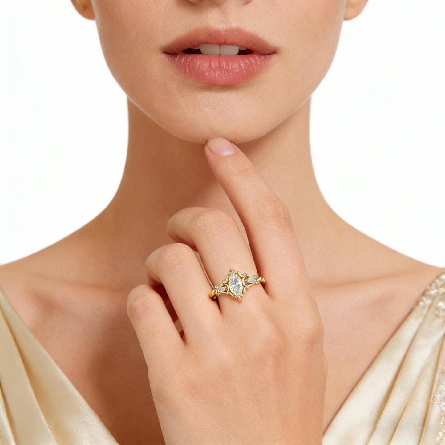 14k Gold-Plated 1ct Vintage Marquise Cut Engagement Ring Synthetic Moissanite Ring Jewelry S925