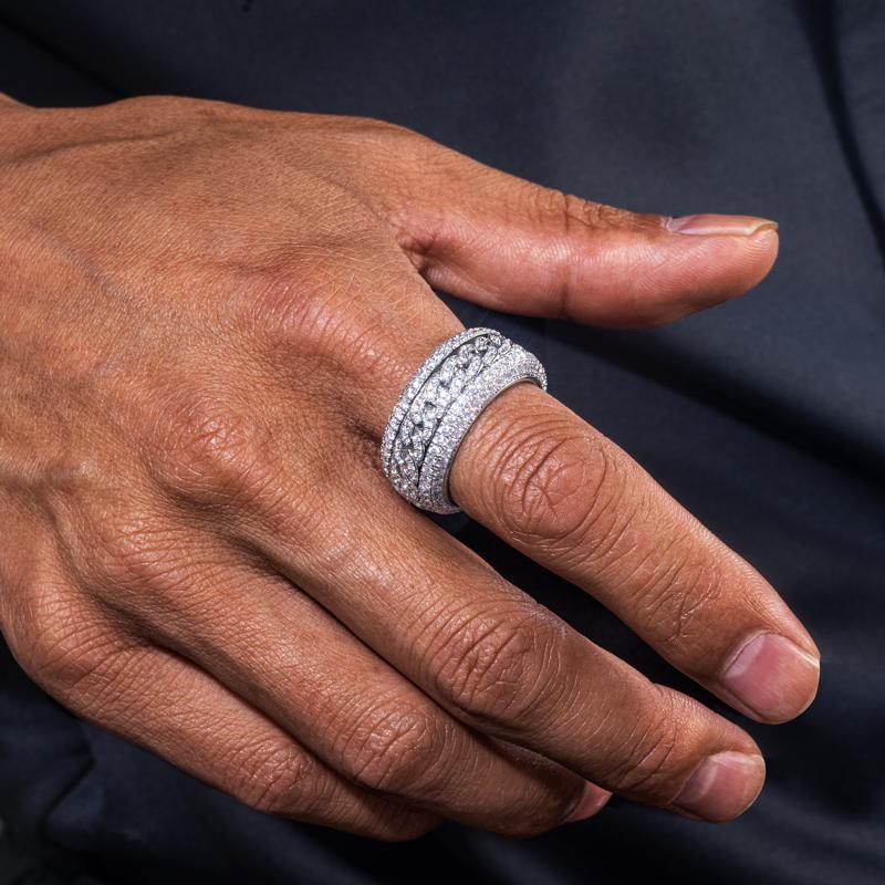 S925 Round VVS Synthetic Moissanite Rotatable Layered Iced Cuban Ring