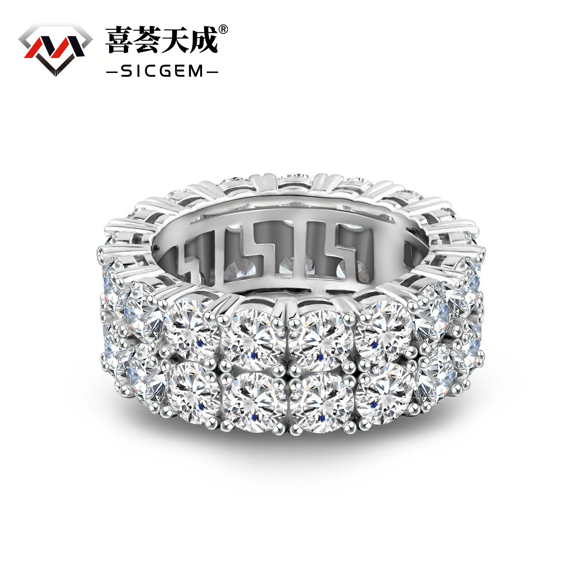 S925 Round VVS Synthetic Moissanite Double Row Eternity Hip Hop Ring