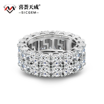 S925 Round VVS Synthetic Moissanite Double Row Eternity Hip Hop Ring