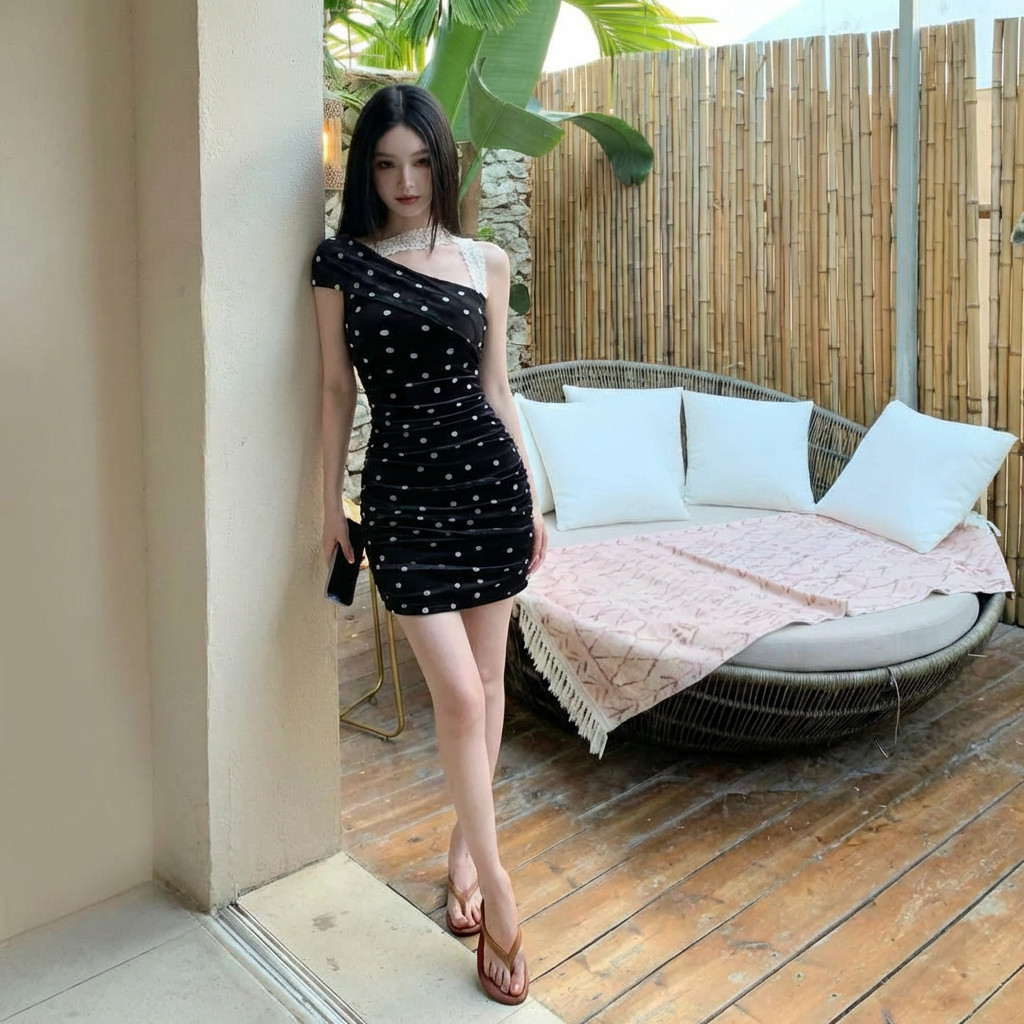 French Sense fashion shirt with cross-neck design, mini print pattern, sexy skinny dress