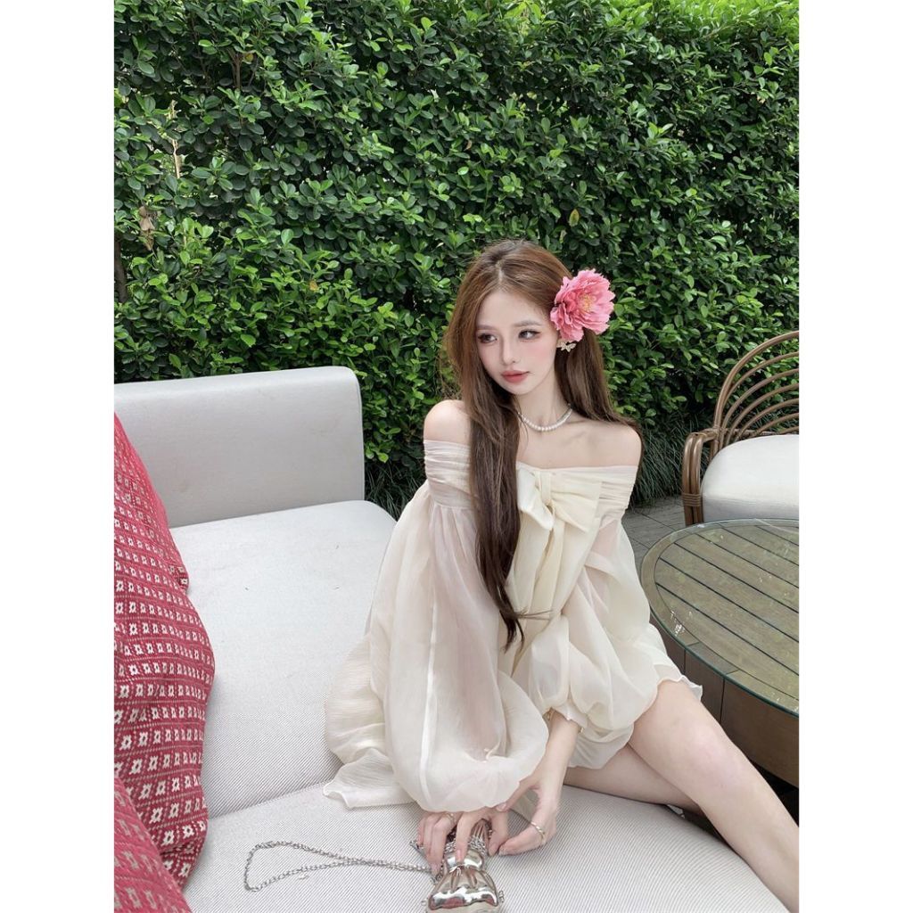 Gentle French bow one-shoulder chiffon dress