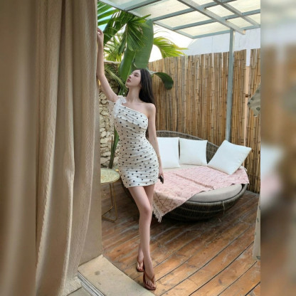 French Sense fashion shirt with cross-neck design, mini print pattern, sexy skinny dress