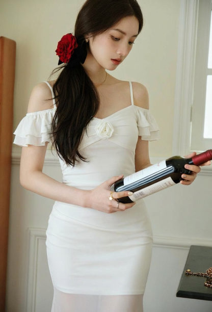 吊带连衣裙长款性感可爱雪纺木耳边袖口透气