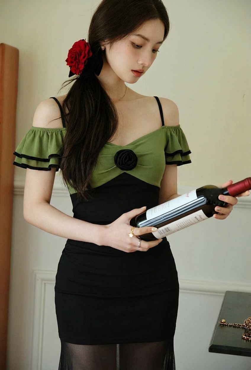 吊带连衣裙长款性感可爱雪纺木耳边袖口透气