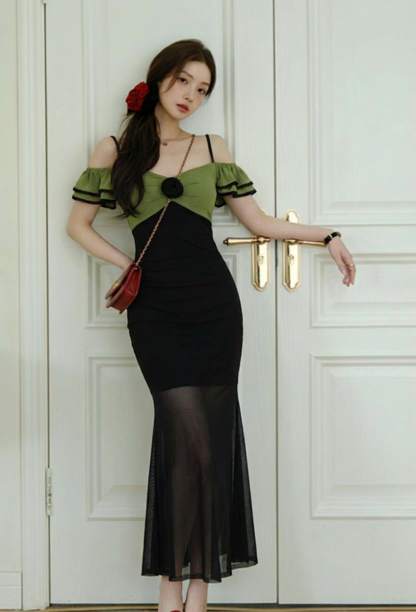 吊带连衣裙长款性感可爱雪纺木耳边袖口透气