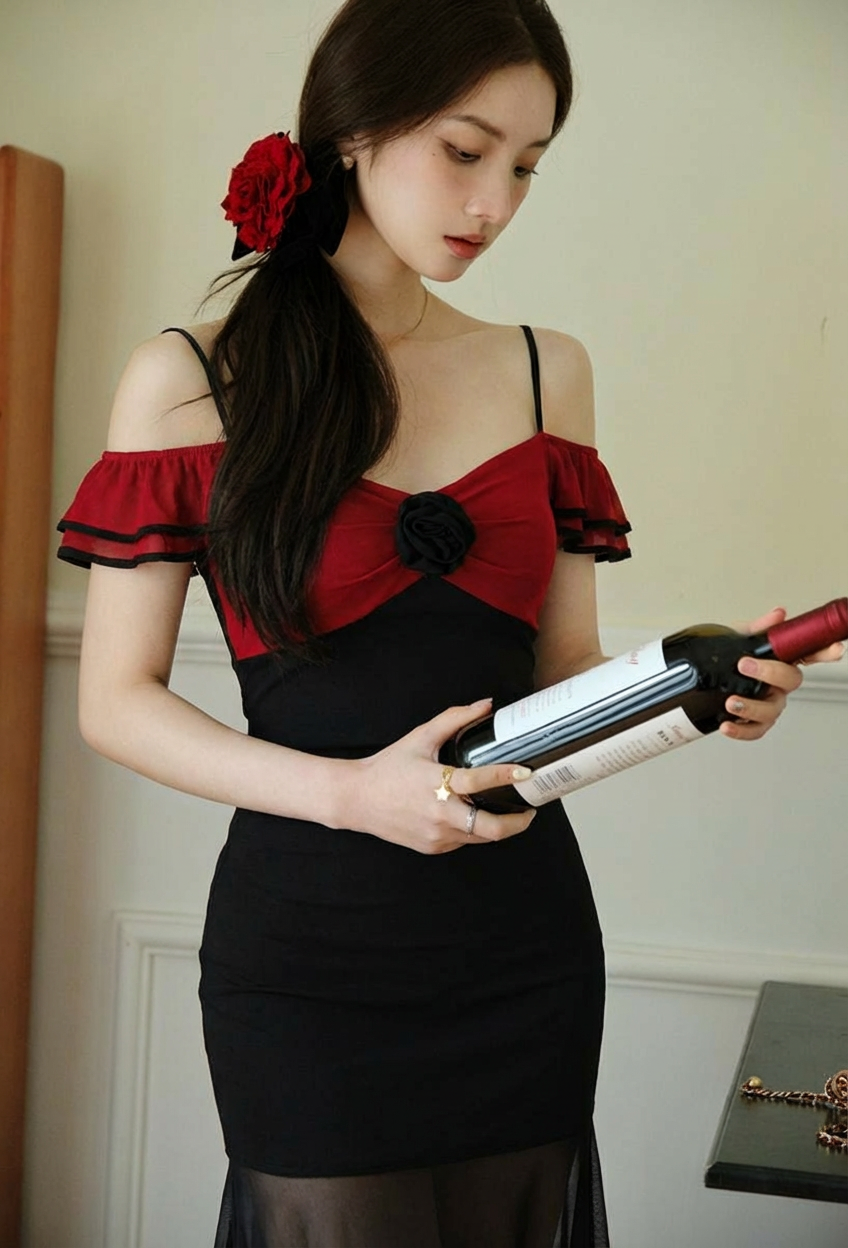 吊带连衣裙长款性感可爱雪纺木耳边袖口透气